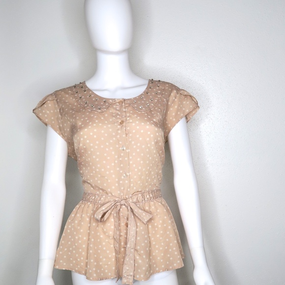 LC Lauren Conrad Tops - Lauren Conrad Blush Polka Dot Blouse w/Rhinestones